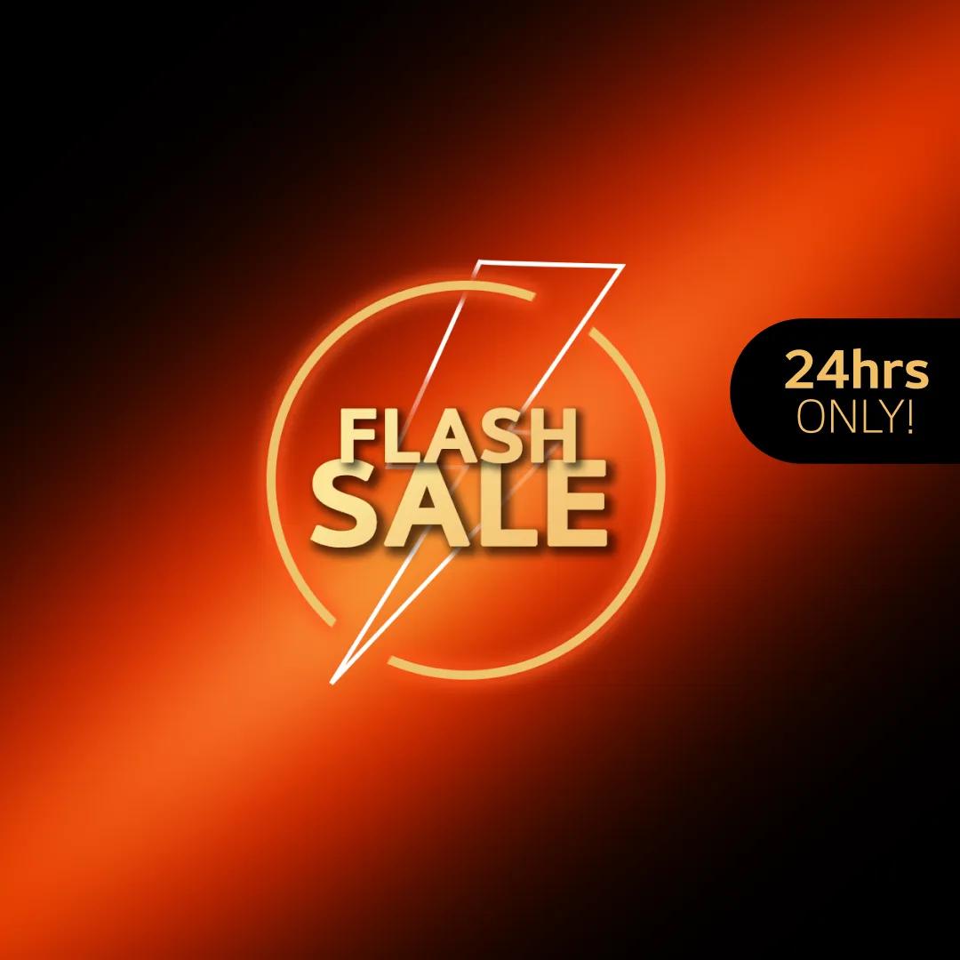 “24 Hrs Only” badge. “Flash Sale” logo with a lightning bold appears on black and orange background.
