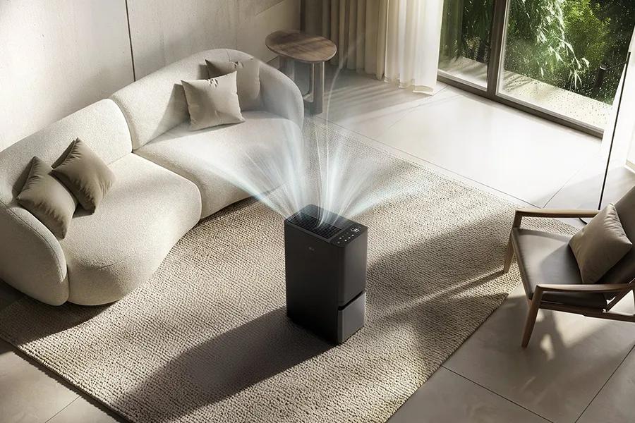 Dehumidifier in living room space showing air flow