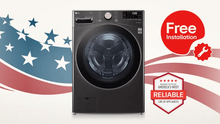 LG WashCombo on a stars and stripes background. “Free Installation” pop-out text. “America’s Most Reliable Line of Home Appliances” badge. 