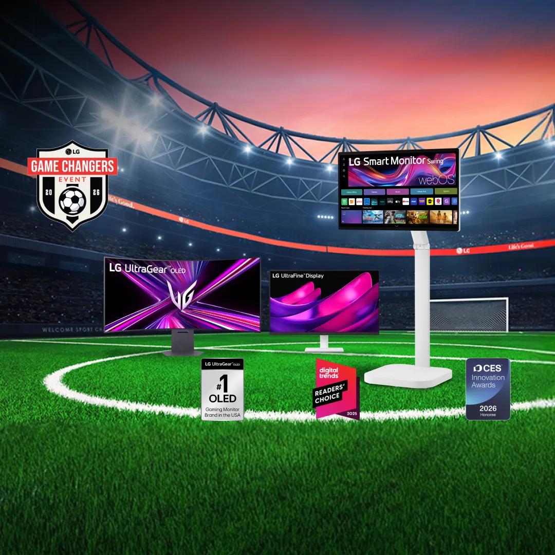 “Game Changers Event 2026” title badge. Various LG Monitors appear on a field within a soccer stadium. “#1 OLED Gaming Monitor Brand in the USA”, “Digital Trends Readers’ Choice 2025” and CES Innovation Awards 2026” badges. 