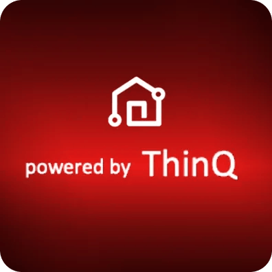 Powered by ThinQ smart home platform logo with connected home icon on red background.
