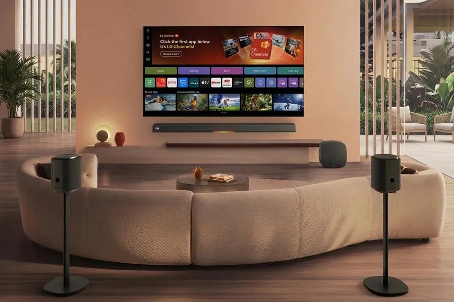 W7 Subwoofers with Soundbar and wall-mounted TV in modern living room home entertainment setup