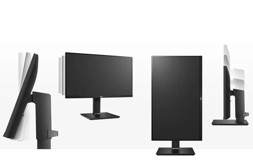 Monitors displaying various adjustable positions: tilt, landscape, and portrait orientations.