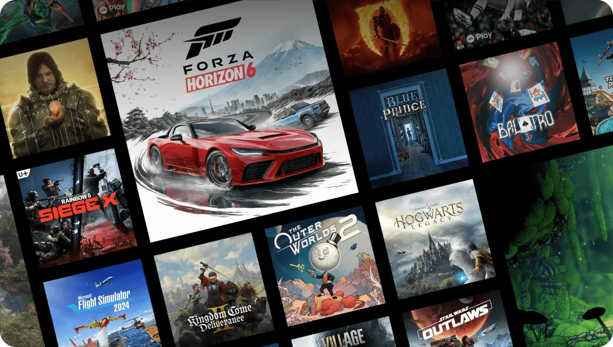 webOS gaming landing page featuring a grid of game titles including Forza Horizon 6, Death Stranding, Rainbow 6 Siege X, Blue Prince, Balatro, The Outer Worlds 2, Hogwarts Legacy, Kingdom Come Deliverance, Microsoft Flight Simulator 2024, Star Wars Outlaws, and additional titles with EA Play and U+ service logos visible.