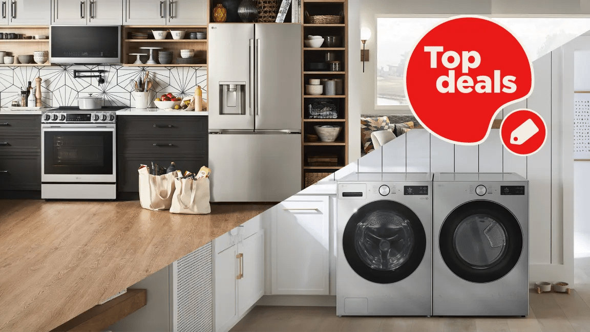 2 scenes from a kitchen and laundry room displaying LG appliances. “Top Deals” and “America’s Most Reliable Line of Home Appliances” badges.