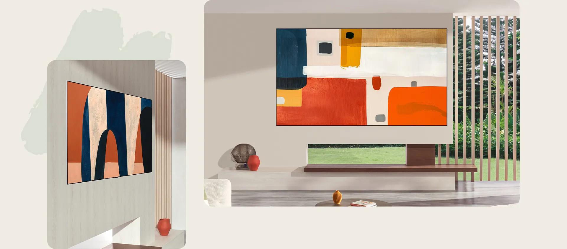 LG OLED evo G6 featuring its Zero Gap Flush-fit Gallery Design, displayed from both front and side angles to highlight how the screen sits perfectly against the wall for ultimate minimalism, transforming a modern living room into a sophisticated artistic space.