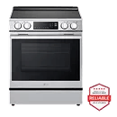 LG smart induction range with knob controls, in stainless steel. Next to it is the LG Reliability Badge that says, "Brought to you by America's most reliable line of appliances."
