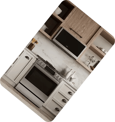 LG SIGNATURE appliances including a range and built-in screen displayed in an upscale kitchen setting
