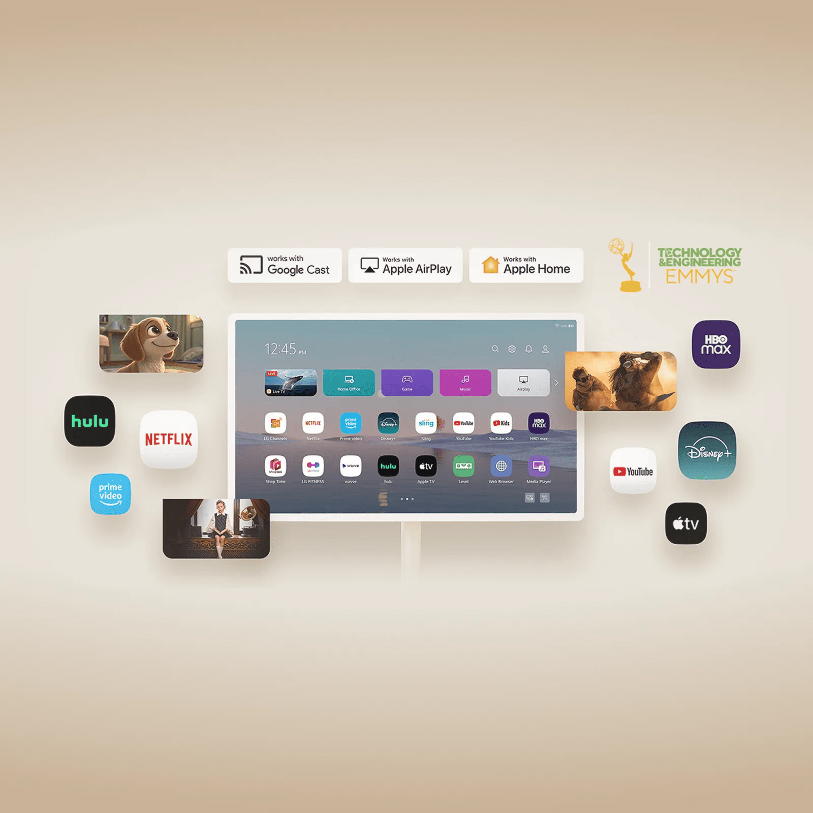 LG StanbyME 2 displaying the webOS home screen with streaming apps including Netflix, surrounded by connected devices.