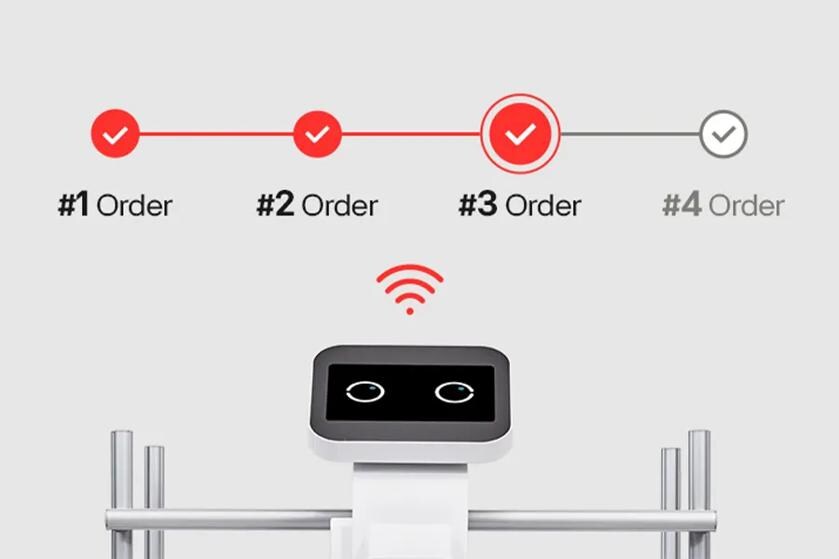 CLOi robot with graphic above her indicating Orders 1 through 3 are complete, with Order 4 coming next.