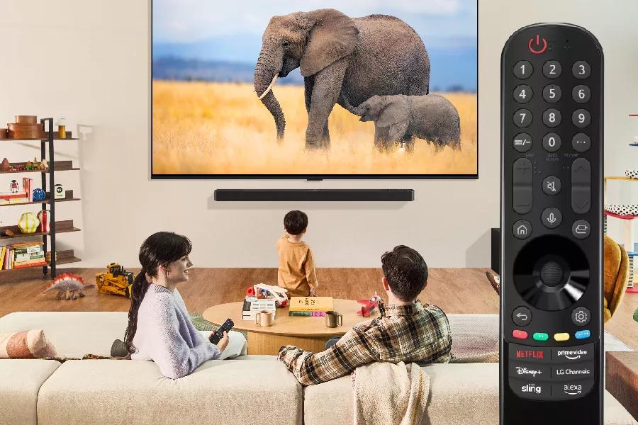 A family watches TV using the magic remote.