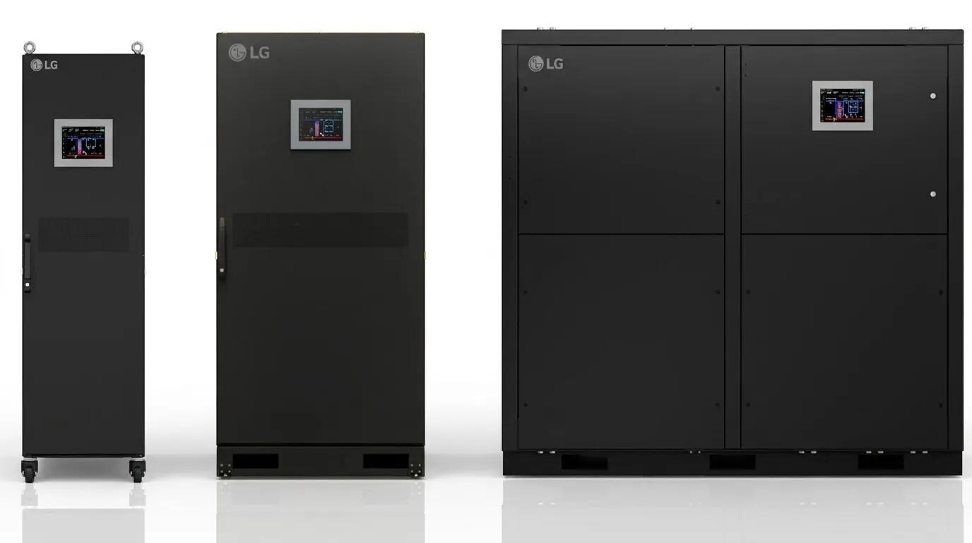 Three black LG commercial equipment cabinets of increasing size, each with an LG logo, a small control display panel, and door hardware, shown on wheeled or leveling bases against a white background.