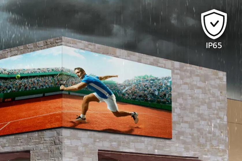 Outdoor LED screen showing a tennis match with weatherproof IP65 and pixel layout diagram.