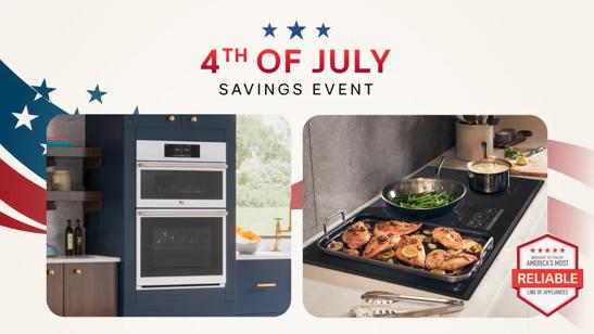 "Independence Day Savings Event" title badge. A group of cooking appliances on a stars and stripes background.