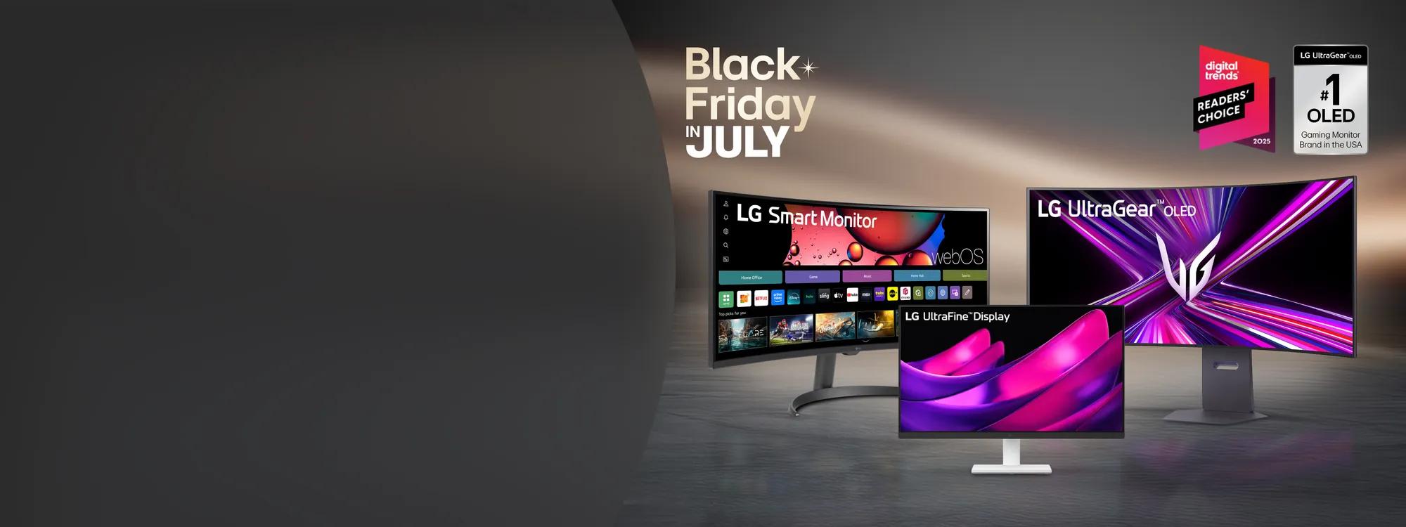 Black Friday in July -- LG Smart Monitor with webOS, LG UltraFine Display, and LG UltraGear OLED Gaming Monitor on display, with Digital Trends Readers' Choice 2025 badge and LG UltraGear OLED #1 OLED Gaming Monitor Brand in the USA badge