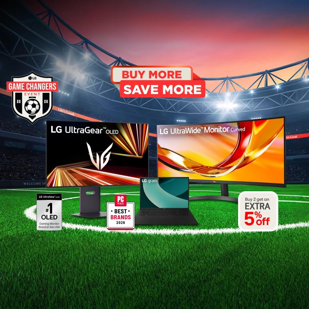 “Buy More, Save More” badge. Various LG Laptops and Monitors appear in soccer stadium setting. “Game Changers Event 2026” badge. “Buy 2 get an extra 5% off” pop-out text. “LG UltraGear OLED: #1 OLED Gaming Monitor Brand in the USA” badge. “PC MAC Best Brands 2026” badge.