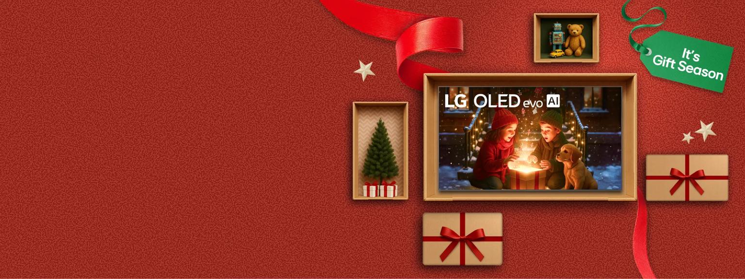 “It’s gift season” badge. Opened and unopened gift boxes appear in a cluster. Various boxes display LG OLED TV.