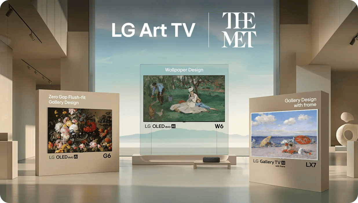 LG Art TV | THE MET -- LG OLED evo AI G6 with Zero Gap Flush-fit Gallery Design displaying a floral painting, LG OLED evo AI W6 with Wallpaper Design displaying a garden scene, and LG Gallery TV AI with frame LX7 with Gallery Design with frame displaying a beach painting, arranged in a gallery setting.