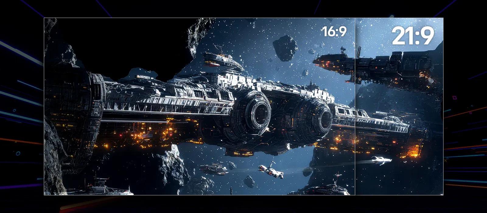 A space battle scene on an LG UltraGear display compares aspect ratios, showing the narrower 16:9 view beside the wider 21:9 view that reveals more of the massive starships and surrounding asteroids.