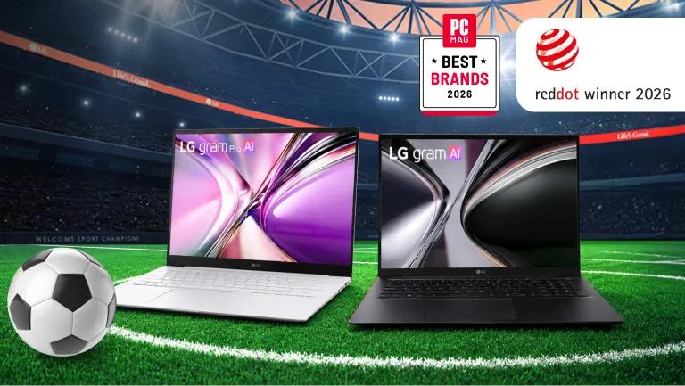 Two LG gram Laptops appear on the field withing a soccer stadium. “PC Mag Best Brands 2026” and “Reddot Winner 2026” badges appear beside the image. There is also a soccer ball on the field.