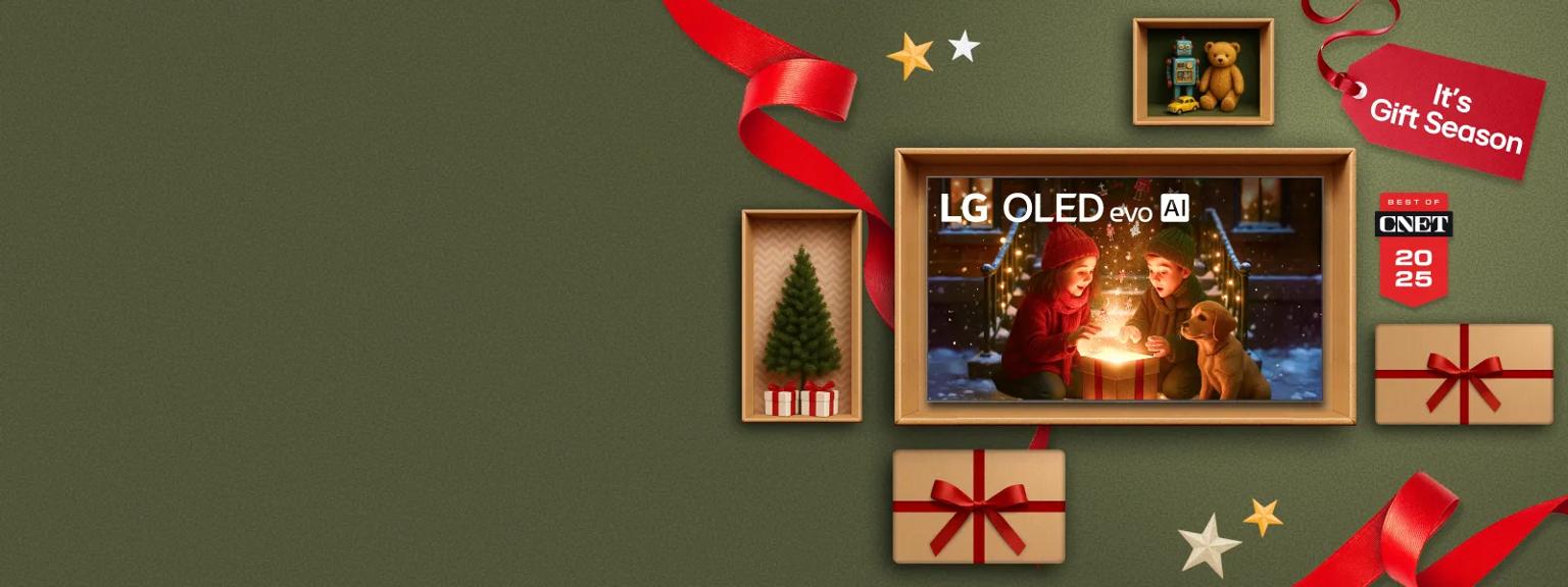 “It’s gift season” badge. Opened and unopened gift boxes appear in a cluster. Center box displays LG OLED TV. “Best of CNET 2025” badge.
