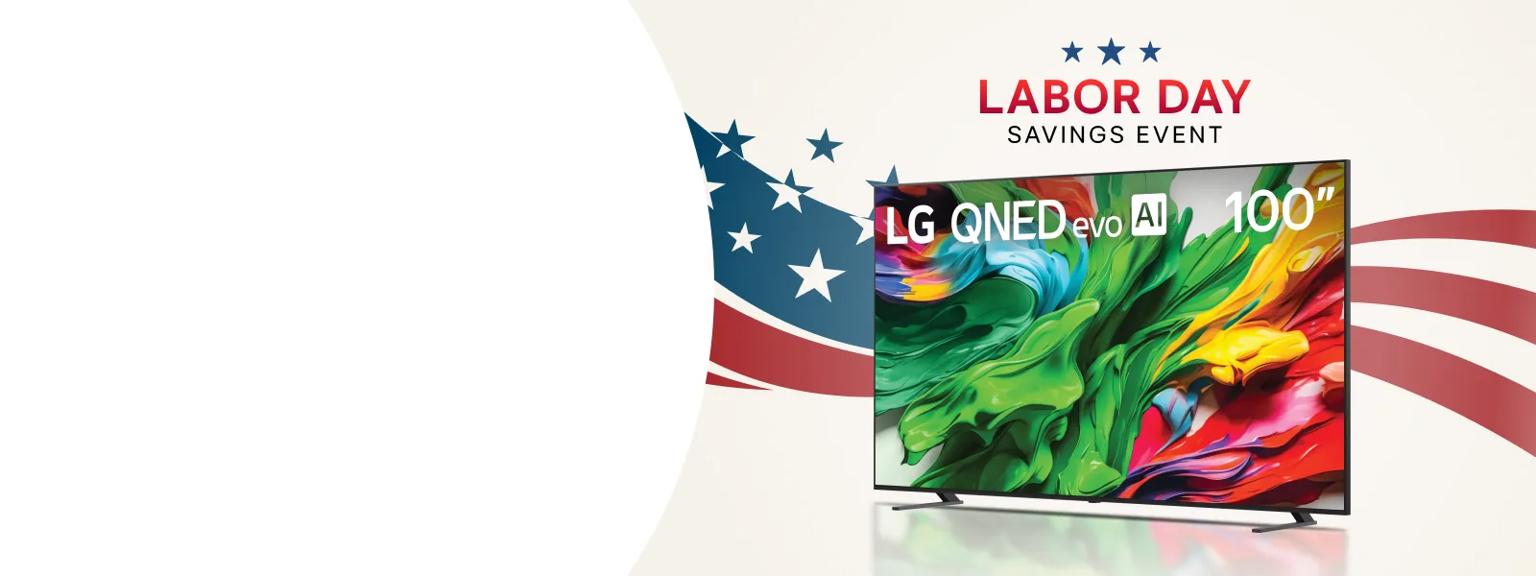 ”Labor Day Savings Event” title badge. An LG QNED TV on a stars and stripes background.