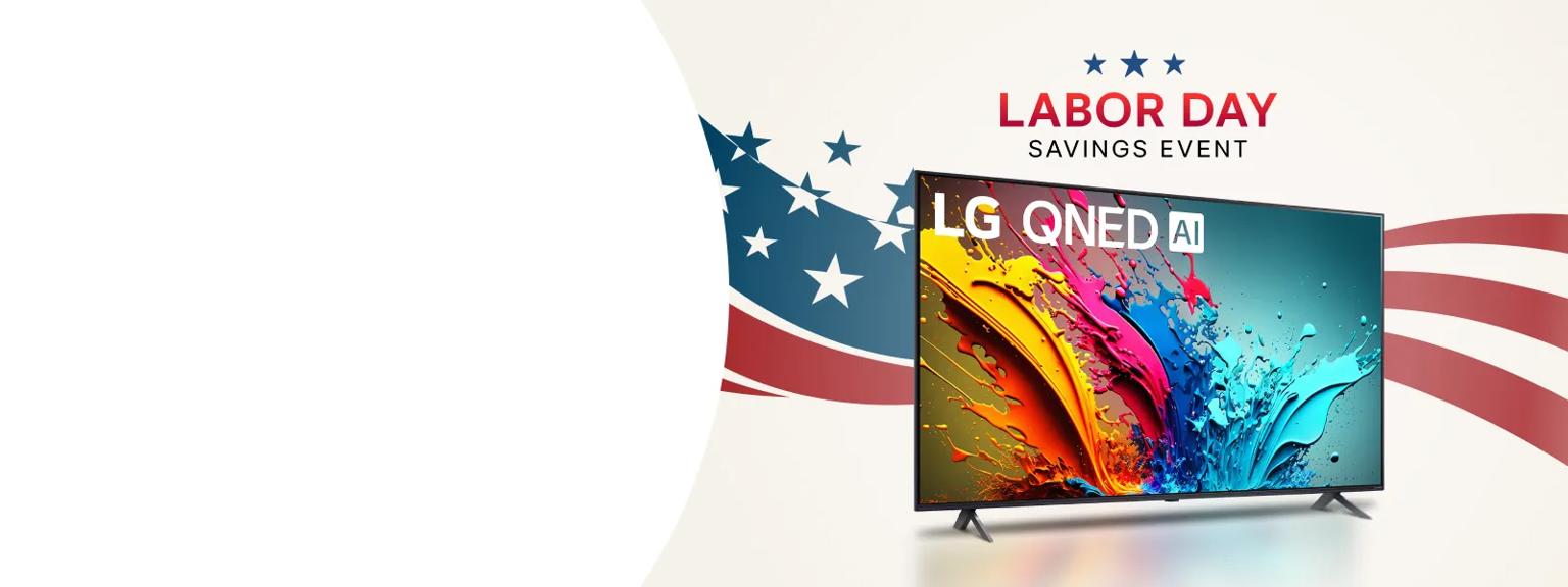 ”Labor Day Savings Event” title badge. An LG QNED TV on a stars and stripes background.