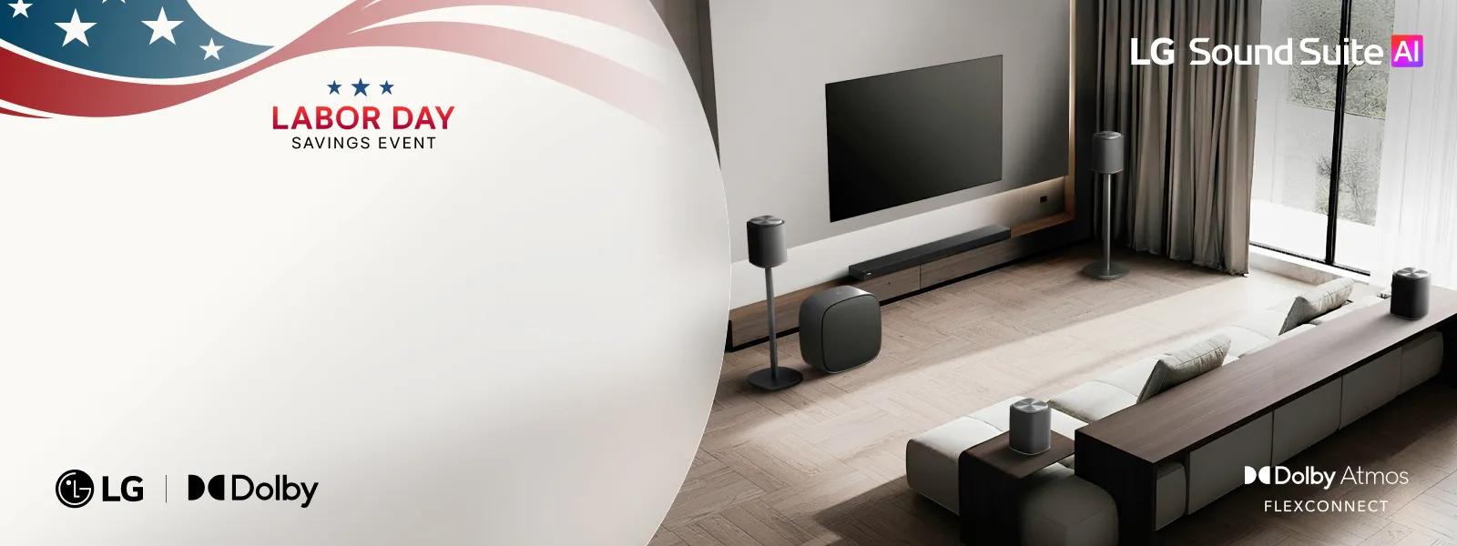 LG Sound Suite AI system with Soundbar, subwoofer, and multiple speakers arranged in a living room, alongside a large LG TV. Labor Day Savings Event. LG | Dolby logo. Dolby Atmos FLEXCONNECT logo.