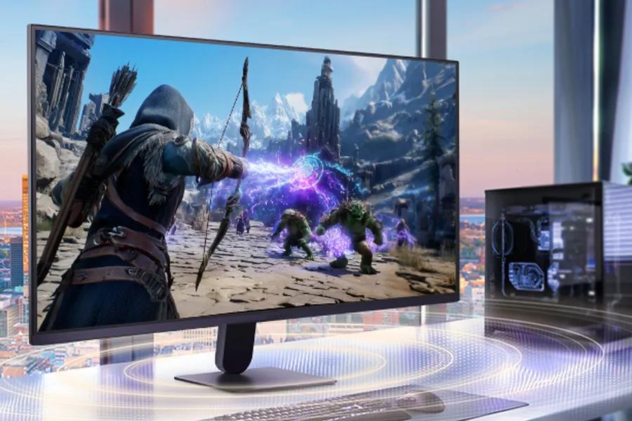 LG 32G403B-B UltraGear Monitor with built-in speakers displaying fantasy gaming scene