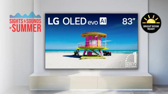 Sights and sounds of summer” title badge. 83” OLED TV in a bright living room. “Bright Room Ready” badge.