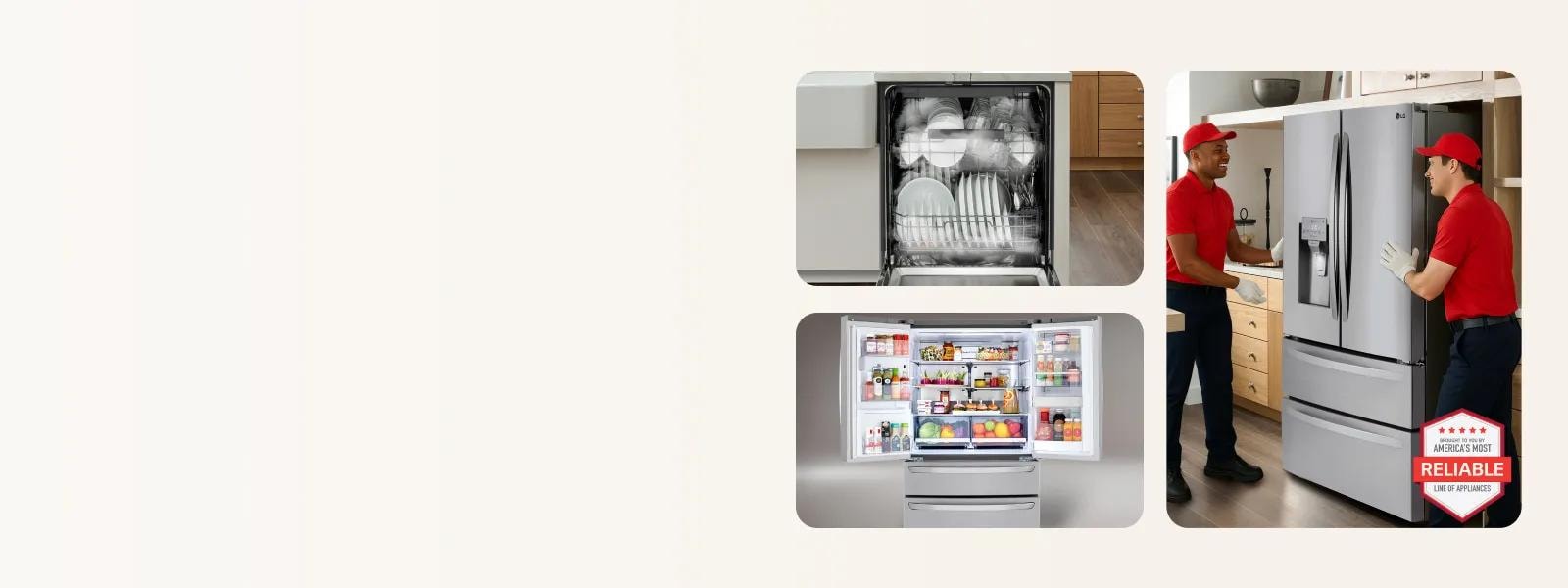 2026 LG Refrigerator and Dishwasher Bundle Deal promotion featuring an open LG dishwasher loaded with dishes, an open LG French Door refrigerator stocked with food, and two delivery personnel in red uniforms installing an LG French Door refrigerator in a kitchen, with "brought to you by America's Most Reliable Line of Appliances" badge visible.