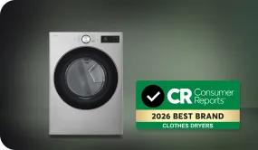 LG dryer with Consumer Reports badge: 2026 Best Brand, Clothes Dryers.