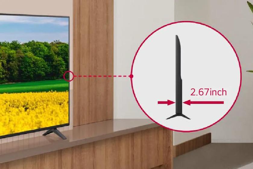 Flat-screen TV on a stand with a landscape image. Inset shows TV's thickness as 2.67 inches.