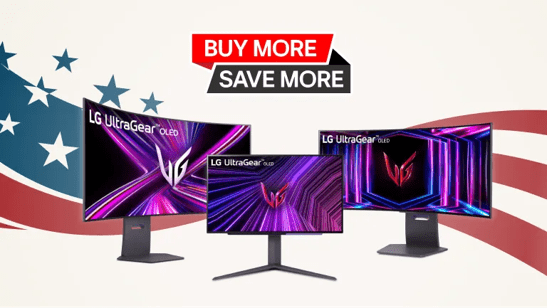 “Buy More, Save More” title badge. A group of LG UltraGear monitors appear before a stars and stripes background graphic.