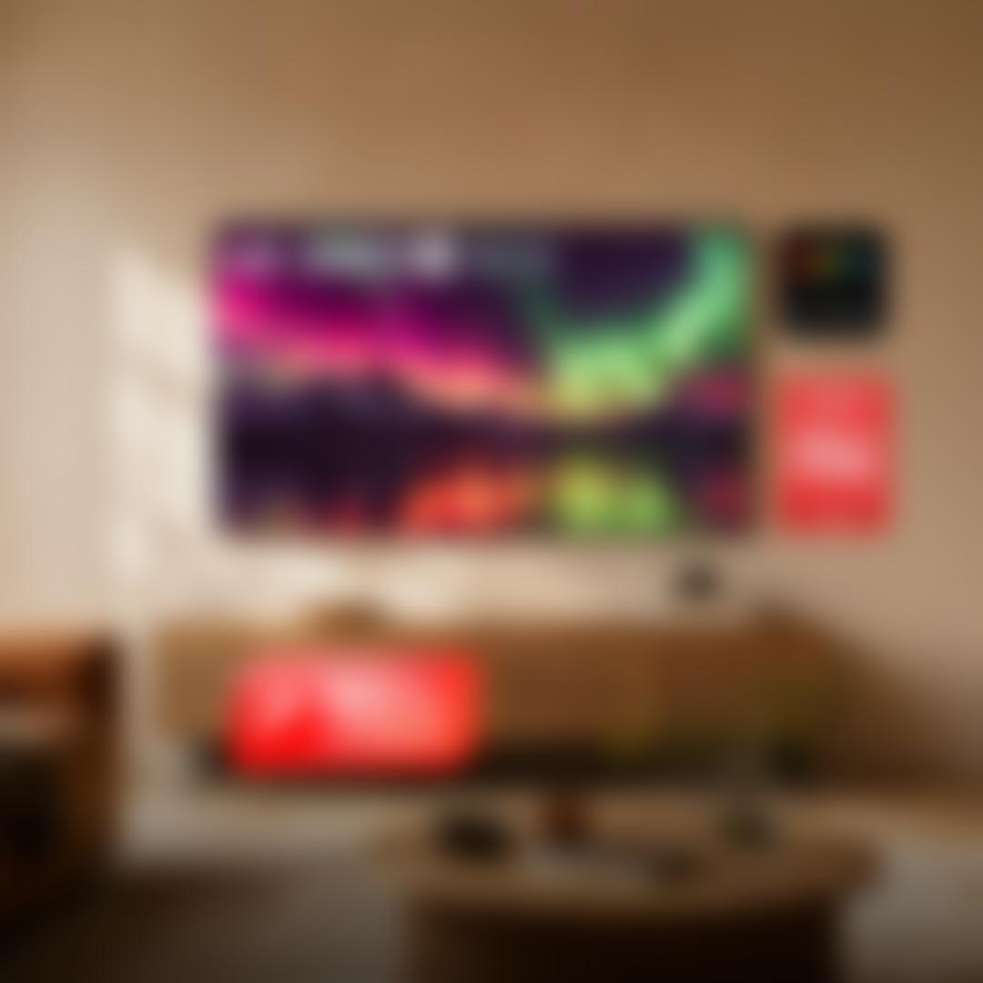 Wall-mounted LG QNED AI Mini LED TV displaying a vivid aurora borealis over snowy mountains and a lake, in a warm, cozy living room with a woven-front media console and round wood coffee table. Badges show "100% Color Volume" and "CNET People's Picks 2026 #1 TV Brand," with a "50% OFF Installation" badge in front of the console.