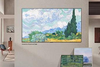 LG TV is featured in a stylish home interior as an Art TV, displaying Vincent van Gogh's “A Wheatfield, with Cypresses” through LG Gallery+ and blending seamlessly with the décor.