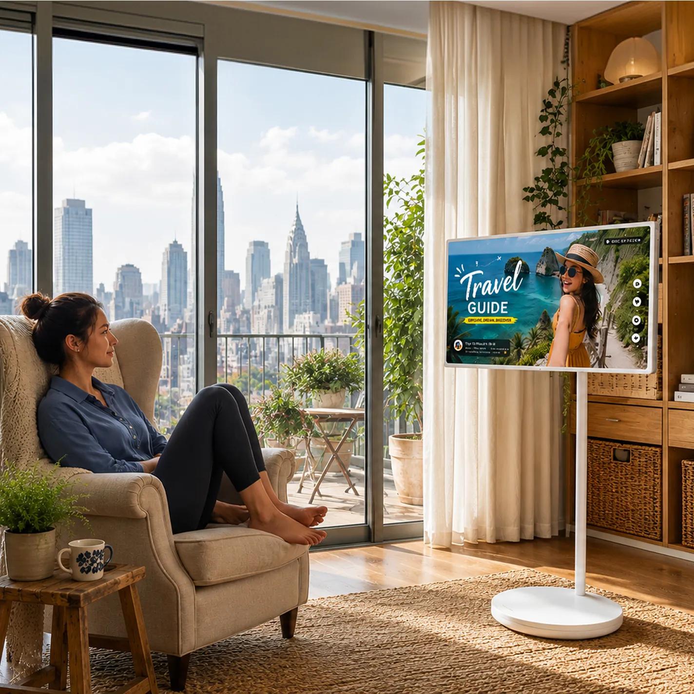 Person relaxing in an armchair in a bright living room, watching travel content on LG StanbyME 2 on a standing display.