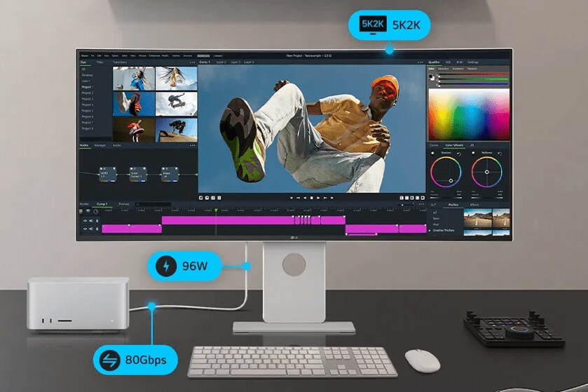 Computer setup with video editing software on a large monitor, keyboard, mouse, and control surface on a desk.

Transcribed Text:

5K2K 96W 80Gbps
