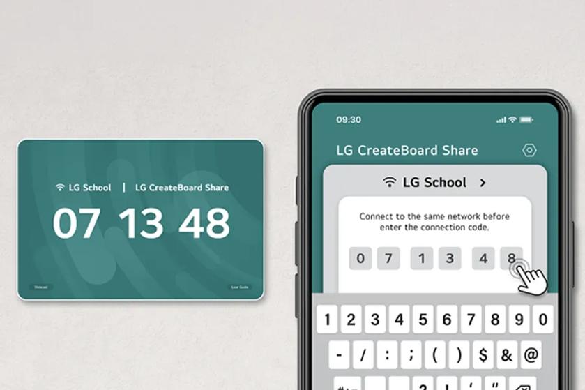 A digital display and smartphone screen showing the LG CreateBoard Share application with instructions and a connection code.