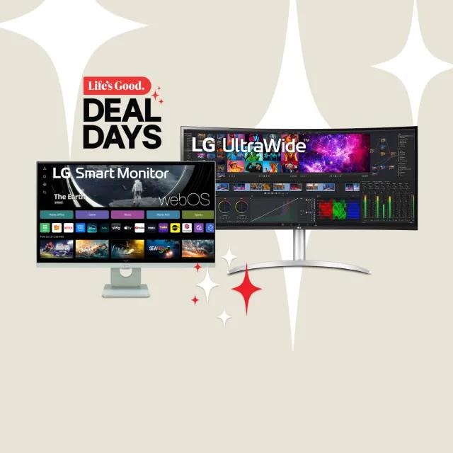 “Life’s Good Deal Days” title badge. A group of LG monitors appear on a tan background.  