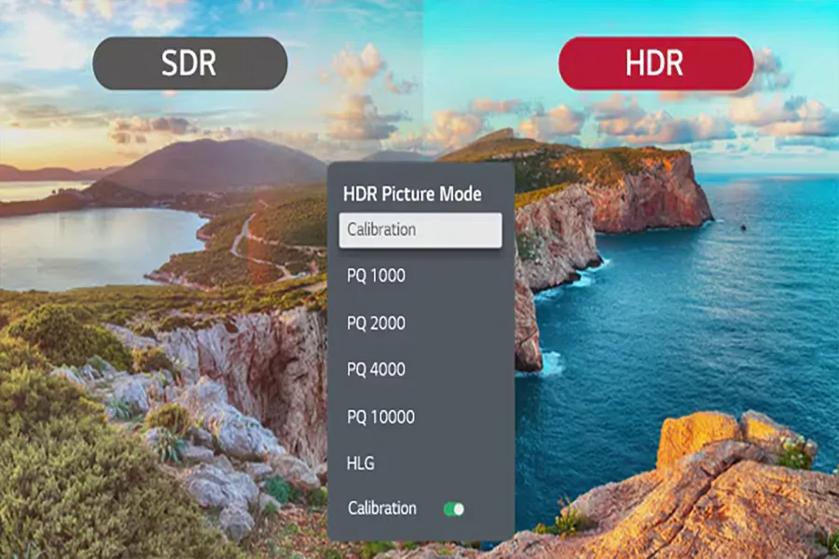 The image is divided into two halves, illustrating the difference between Standard Dynamic Range (SDR) and High Dynamic Range (HDR). On the left, marked "SDR" with a gray label, the scenery appears less vibrant, with softer colors and less contrast. The landscape features a coastal view with a rocky foreground and a large body of water surrounded by hills and distant mountains under a blue sky with clouds. The right side, labeled "HDR" with a red label, shows the same scene. It is more vivid, with richer colors and enhanced details, especially noticeable in the vibrant blues of the water and the pronounced textures of the rocky terrain. Superimposed over the image is a menu titled "HDR Picture Mode," offering options like Calibration, PQ 1000, PQ 2000, PQ 4000, PQ 10000, and HLG, with Calibration being highlighted.