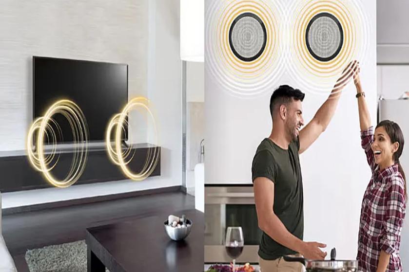 A split image showing a living room with a TV and abstract sound waves, and a couple in a kitchen celebrating beneath speaker-like designs with sound waves.