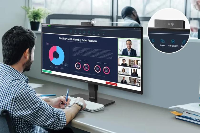 Person using a computer showing a sales analysis presentation with video call participants.