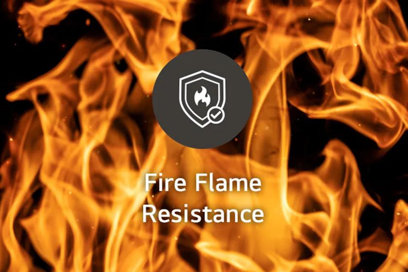 Icon of a shield with a flame on a background of swirling orange flames, with the text "Fire Flame Resistance."
