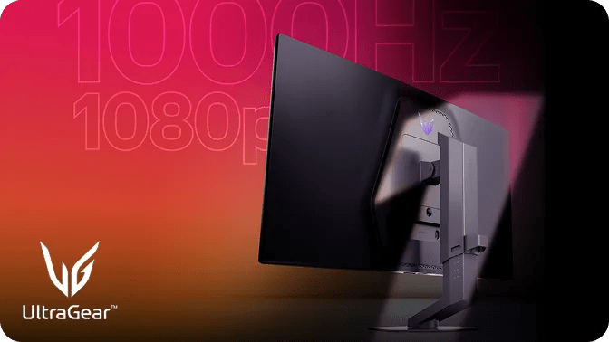 Rear angled view of the LG UltraGear™ gaming monitor against a pink and orange gradient background, with large '1000Hz' and '1080p' graphics in the backdrop and the UltraGear™ logo in the bottom right corner.