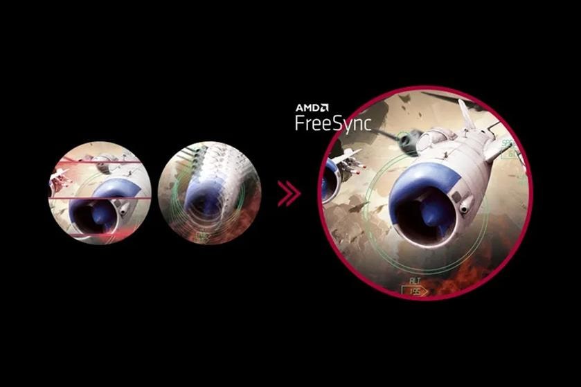 Three images of an aircraft: distorted, blurred, and clear with AMD FreeSync logo.