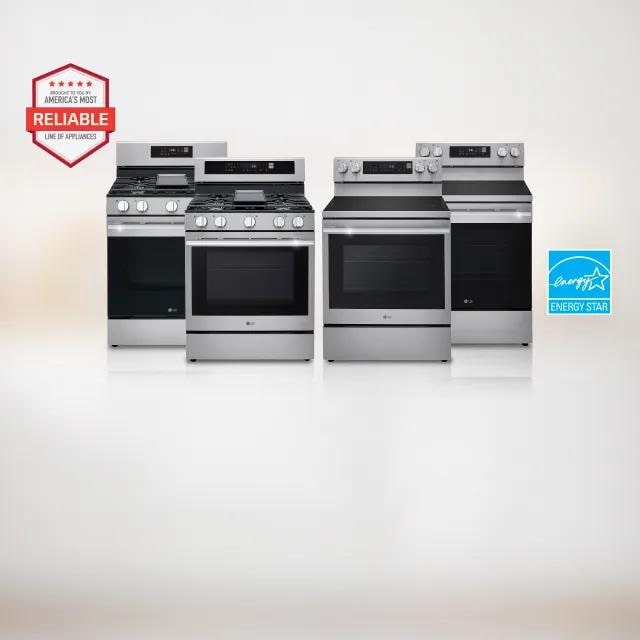 Four stainless steel LG ranges are displayed side by side on a neutral background. A red badge on the left reads “America’s Most Reliable Line of Appliances,” and a blue ENERGY STAR certification logo appears on the right.