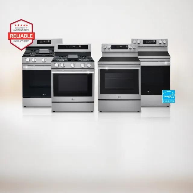 Four stainless steel LG ranges are displayed side by side on a neutral background. A red badge on the left reads “America’s Most Reliable Line of Appliances,” and a blue ENERGY STAR certification logo appears on the right.