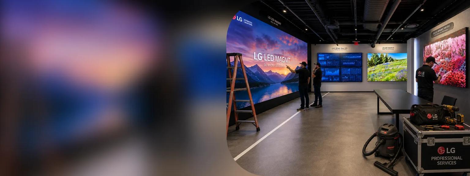 Workers install indoor LG Direct View LED panels