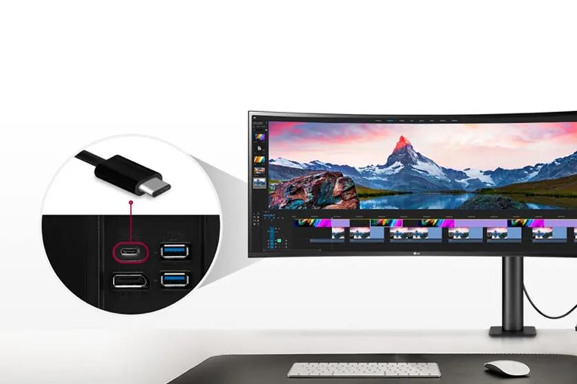 Curved computer monitor with video editing software and USB-C connectivity highlighted.